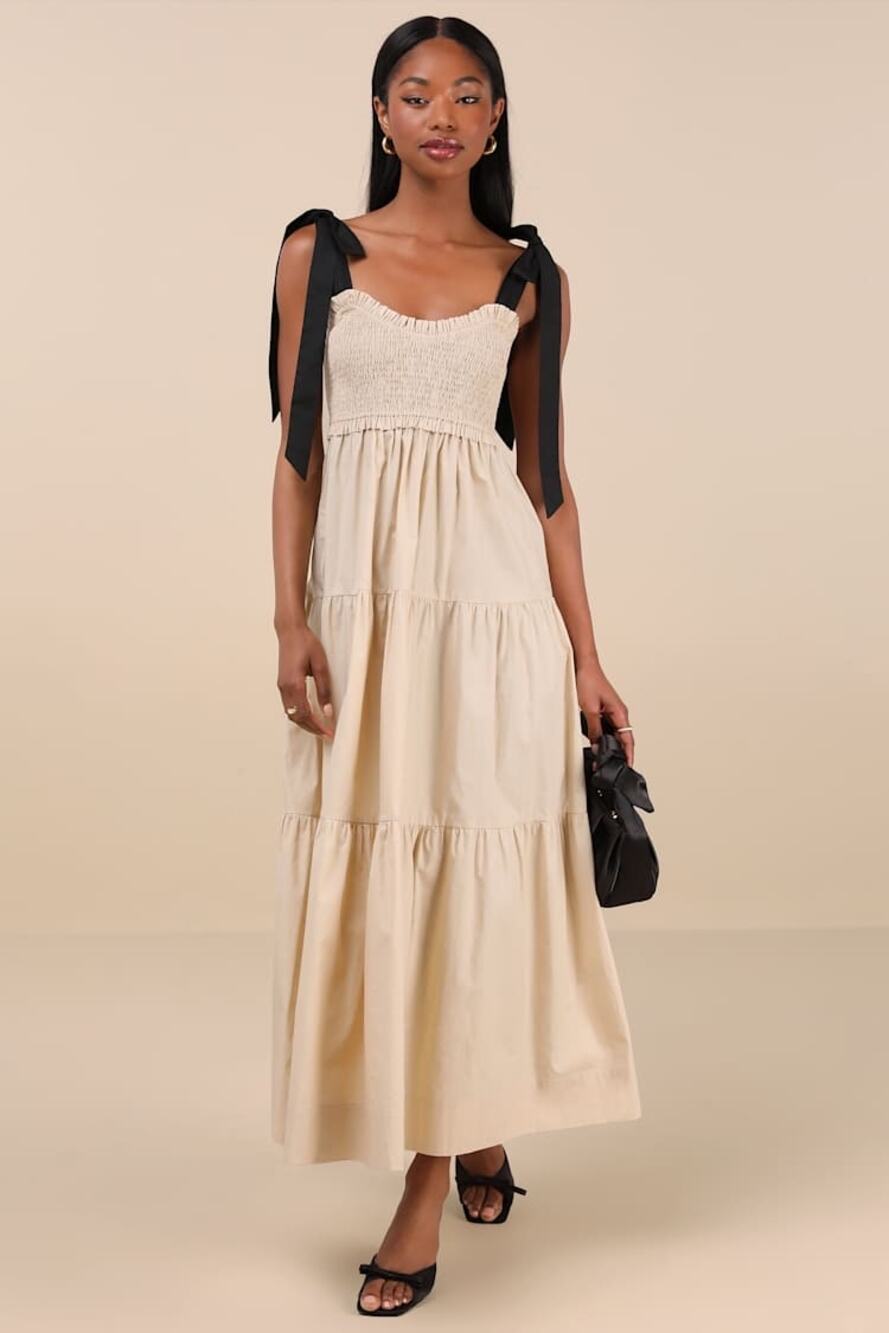 NWT Lulus Bembe Beige Tie-Strap Tiered Maxi Dress Coquette Holiday Resort Sz S